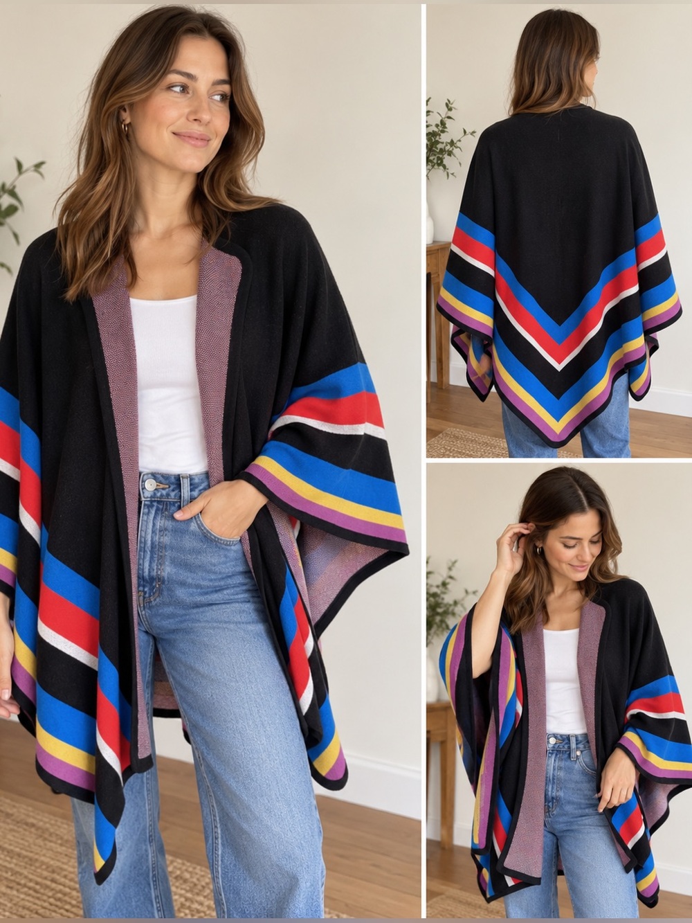 NWT Rare Henri Bendel 100% Wool Striped Poncho Cape - Orig. $398